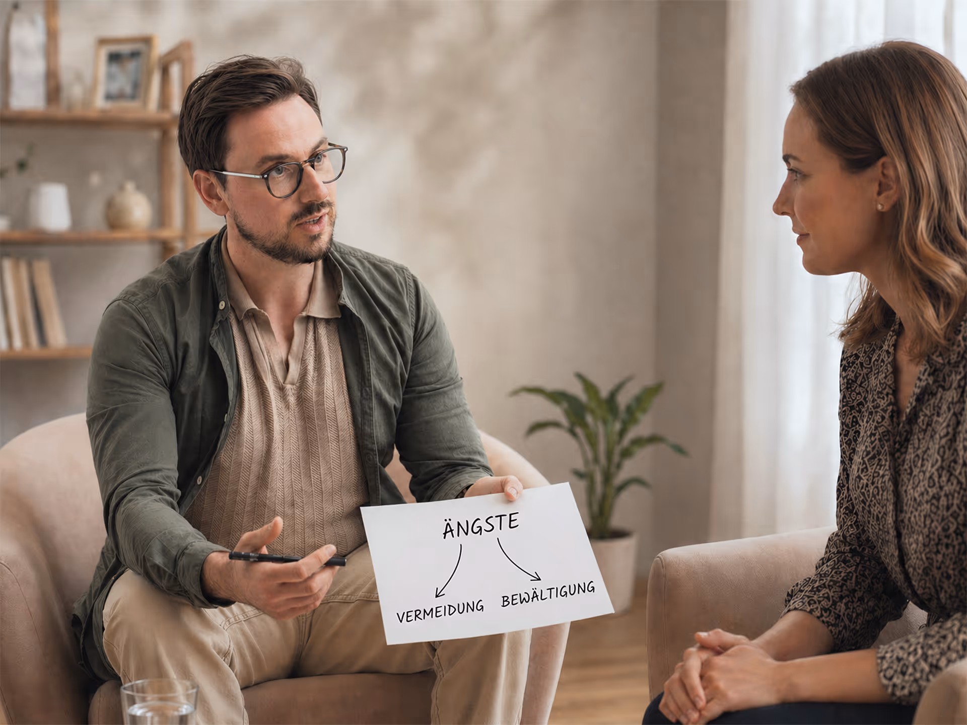 Therapeut erklärt einer Frau mithilfe einer Skizze Zusammenhänge zwischen Ängsten, Vermeidung und Bewältigung in einer ruhigen Gesprächssituation.